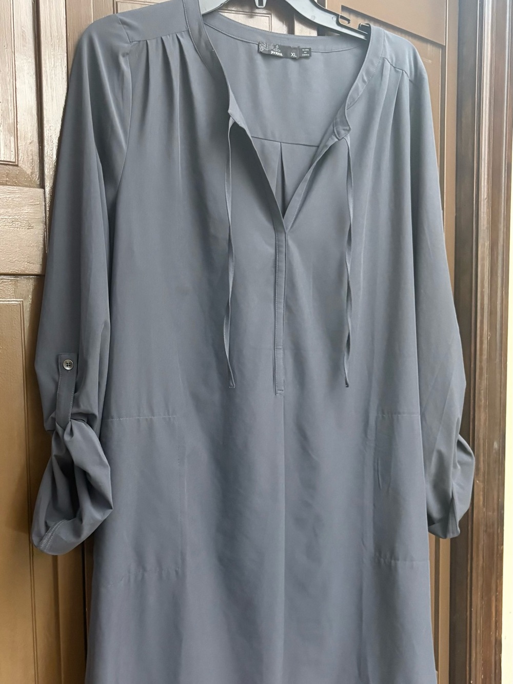 prAna Women’s XL Gray Tunic Dress Roll Tab Long Sleeve Split Neck Casual Travel